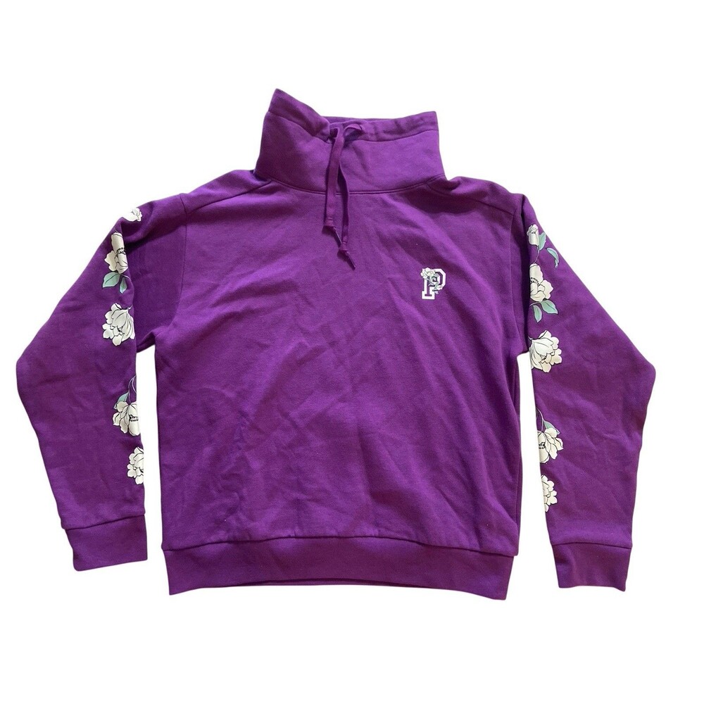 Victoria’s Secret PINK Purple Floral‎ Sleeve Sweatshirt Women’s Sz S Funnel Neck